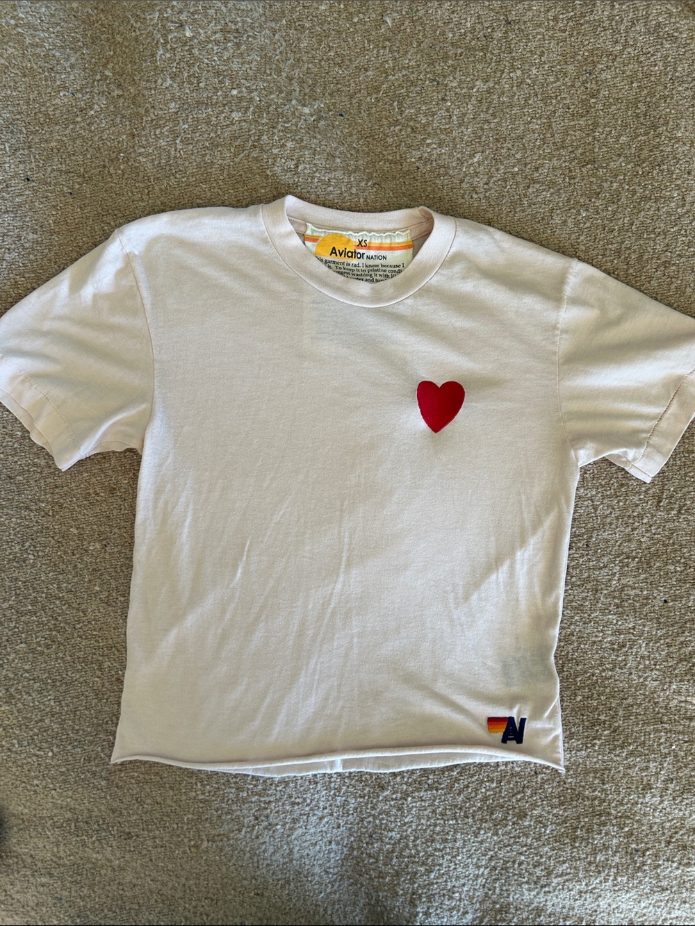Aviator Nation Creamy Pink Tee with Red Heart Chest Graphic